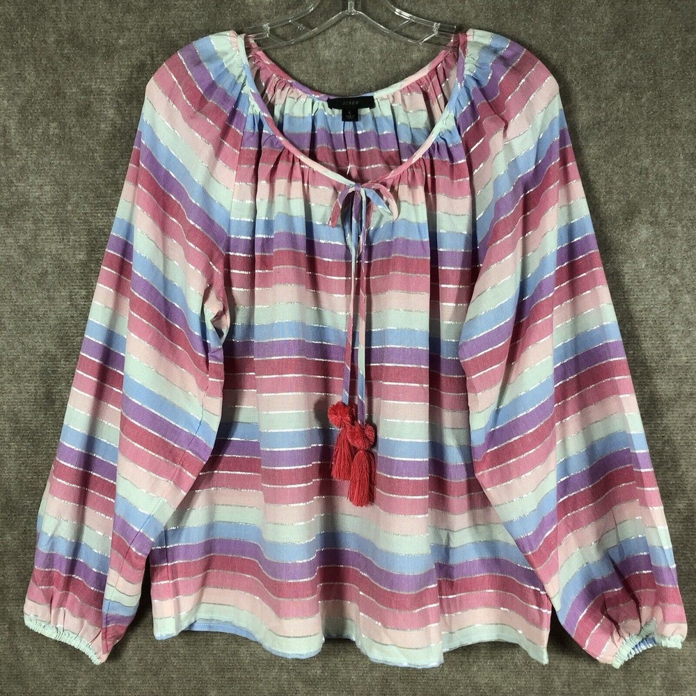 J Crew Peasant Top Womens‎ Large NEW Metallic Pastel Stripe Tassel Ties Flowy